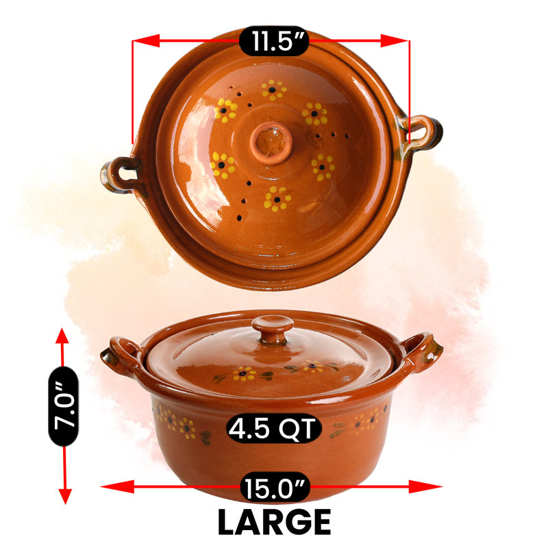 Ancient Cookware, Mexican Clay Lidded Cazuela Pot, Large, Terracotta, 4.5 Quarts, 4.5 Qt.