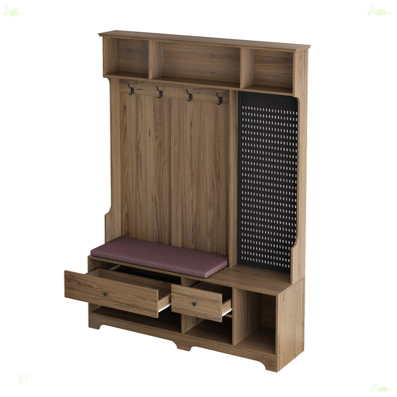 Multi-Purpose Hallway Hall Tree With Removable Linen Cushioned Entryway Bench, Brown