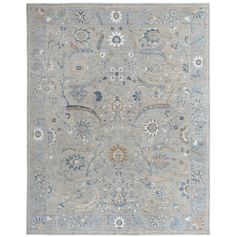 Tapis gris et bleu noué à la main de haute qualité