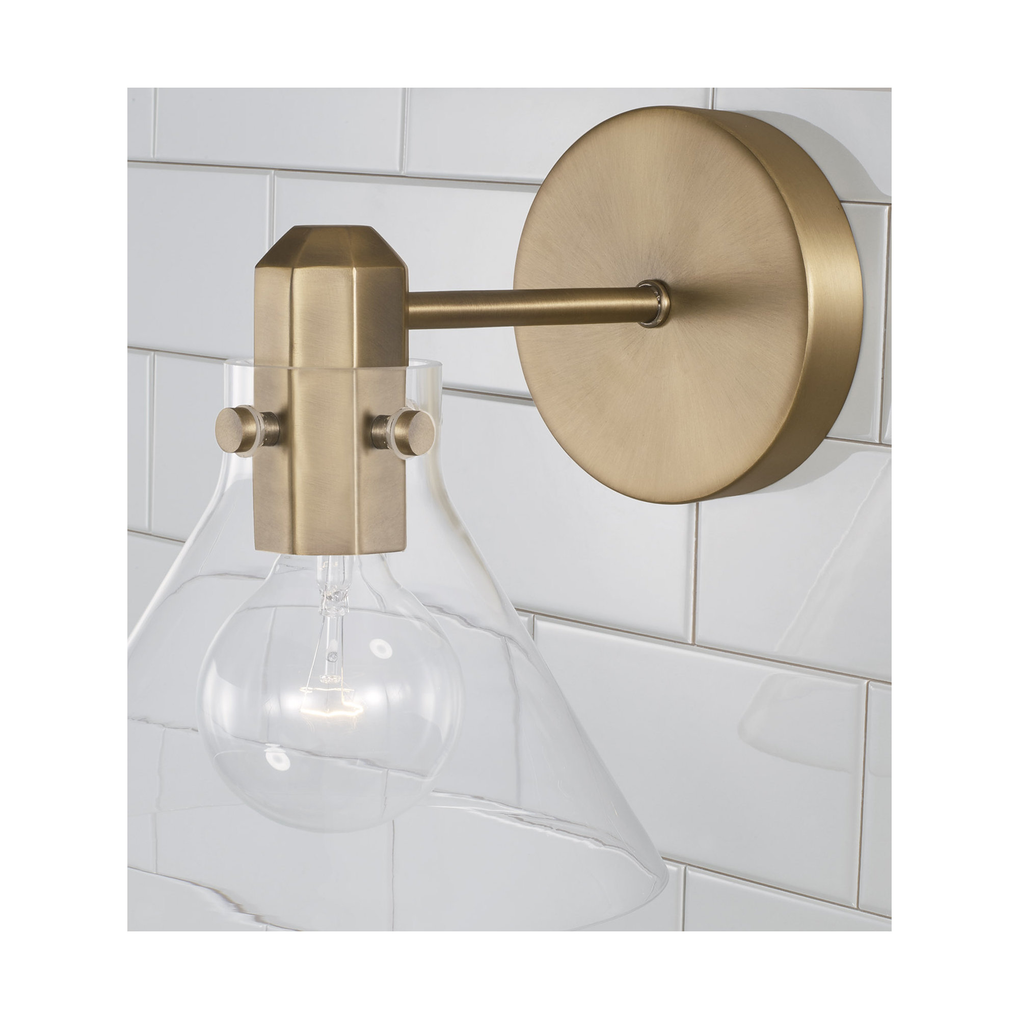 Single Light Glass Steel Dimmable Armed Sconce, Aged Brass