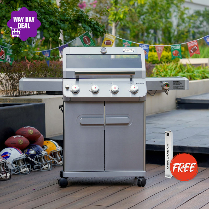 Monument Grills M405K Retro-Modern 4+1 Burner Freestanding Gas Grill with Smoker Box, Clearview® Window Lid, Side Burner, LED Control Knobs & Cabinet, 630 Sq. In. Cooking Area🍔