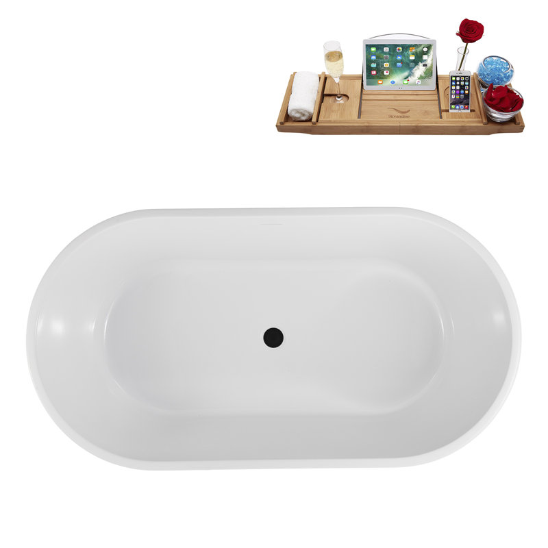 59" Streamline Soaking Glossy White Freestanding Tub With Internal Drain in Matte Black