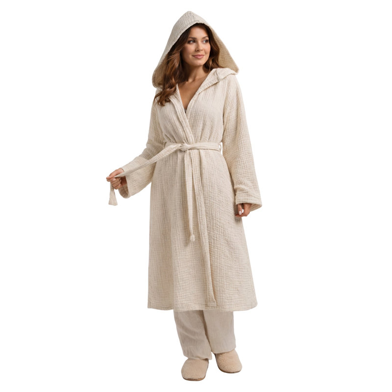Soho Supersoft 4-Layer Cotton Gauze Robe, Ecru Black - S/M