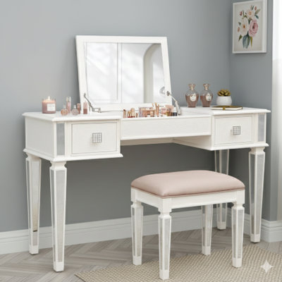 Bureau de coiffeuse en miroir avec tiroirs. Ensemble de coiffeuse avec miroir et tabouret. Comprend une coiffeuse rabattable qui convient aux chambres à coucher ou aux salles de maquillage, et peut également servir de bureau de travail pour les femmes et les filles - un ensemble de meubles.