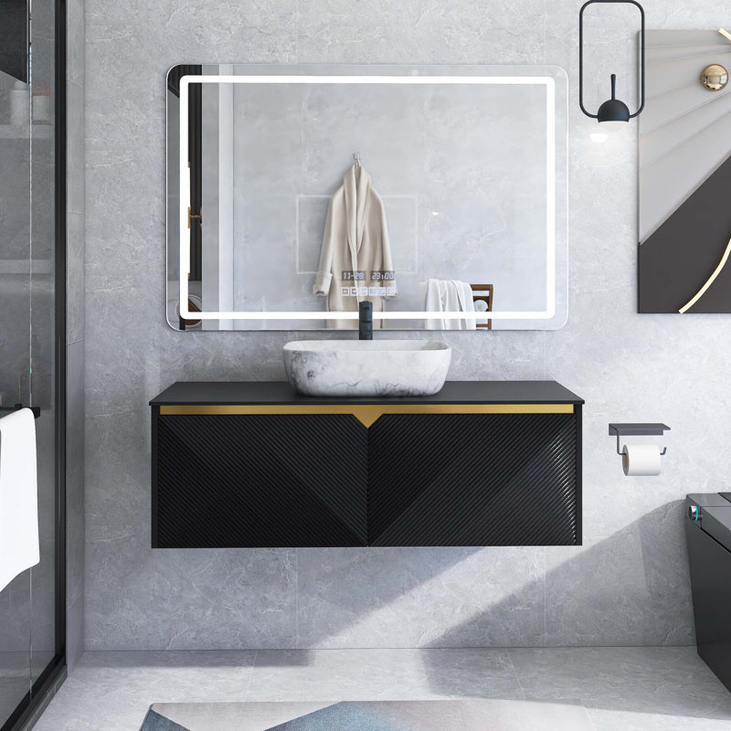 Meuble-lavabo mural en contreplaqué avec vasque, portes doubles en sergé avec garniture en métal, Noir, Noir