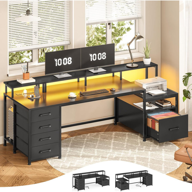Moomal 75" W Computer Desk with LED Lights , Gray/Black