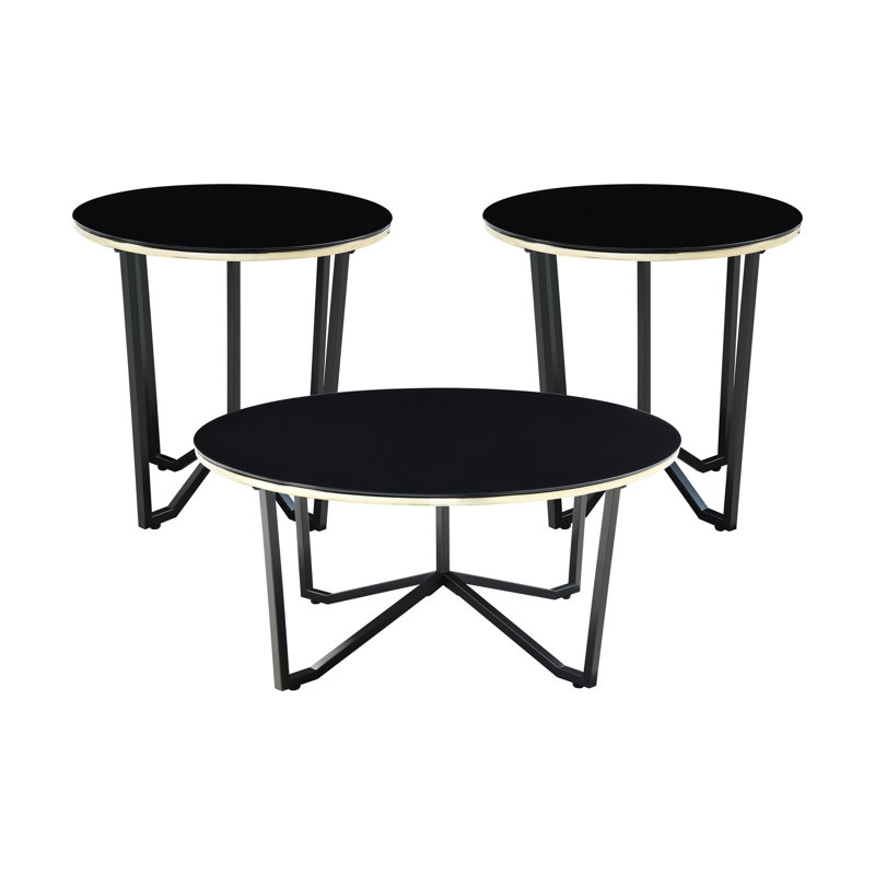 Table basse 3 pièces et tables de bout avec dessus en verre trempé noir et bases en métal pour les pieds de maison modernes