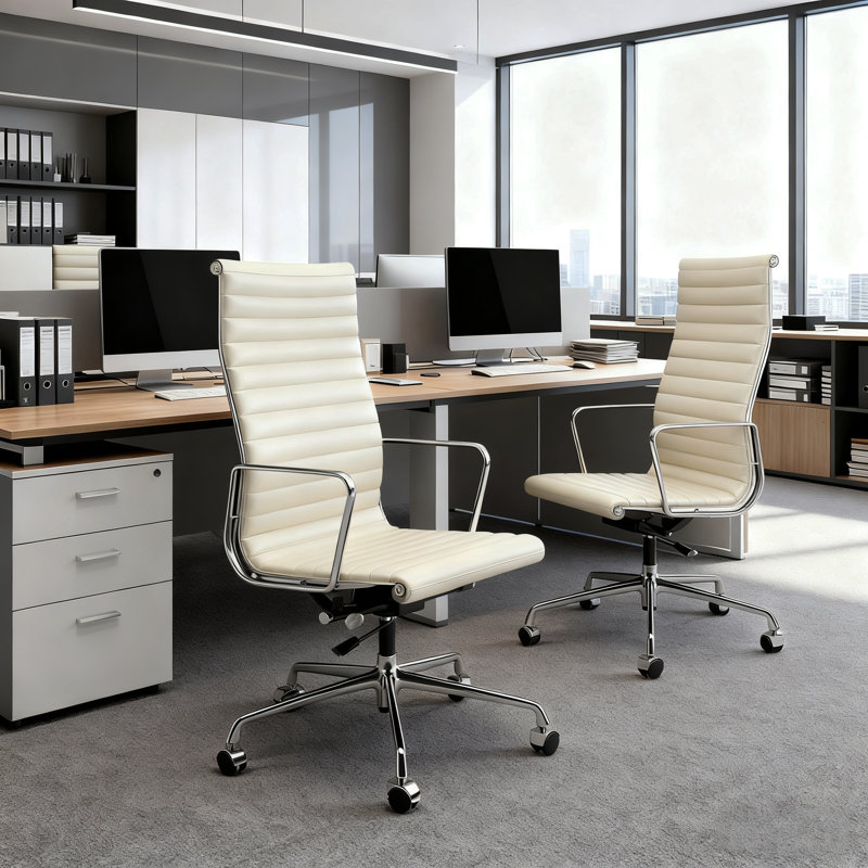 Cream Genuine Leather Office Chair With Aluminum Frame, Computer Desk Chair, Cream