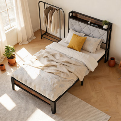 Twin Platform Bed Frame with Upholstered Charging Headboard and Built-In Storage Shelf, No Box Spring Needed