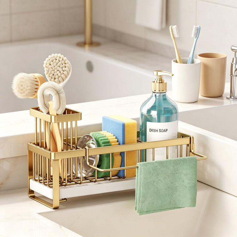 Porte-éponge pour évier de cuisine, porte-éponge autodrainant avec porte-brosse et séparateur, organisateur d'évier de cuisine en acier inoxydable pour comptoir, or foncé