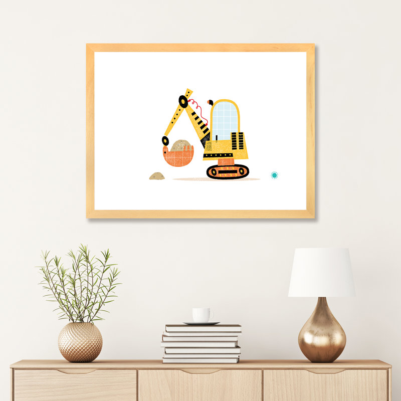 Excavator - impression d'art graphique, H 24 po x l 32 po x P 1 po, Papier avec cadre beige, Blanc