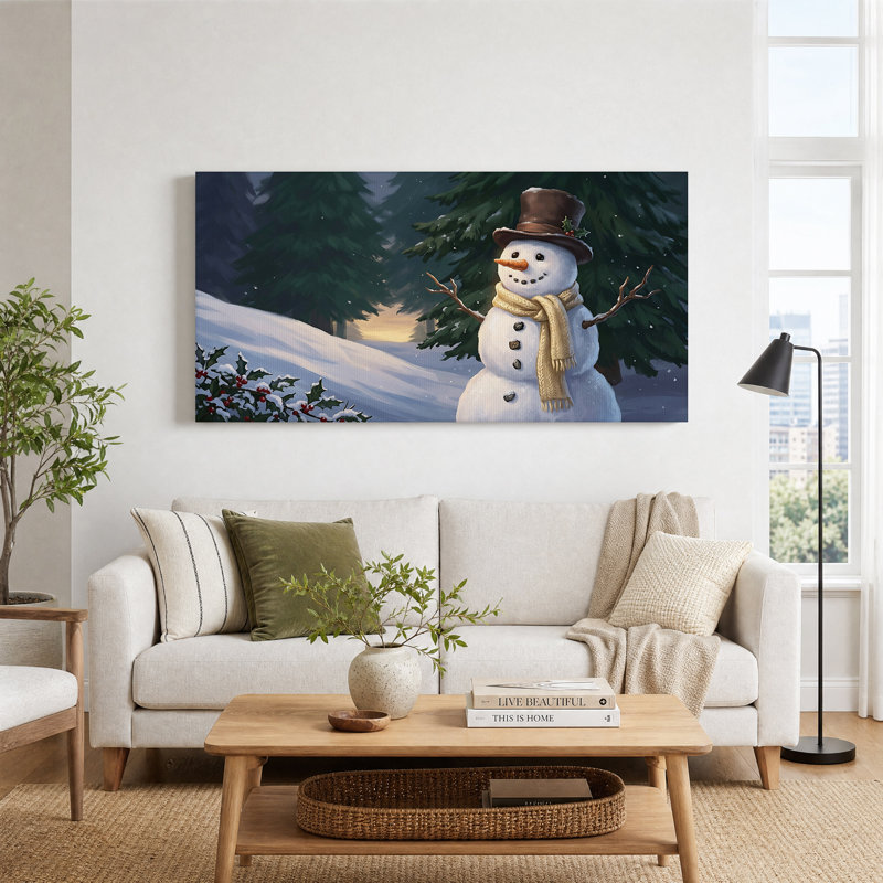 " Snowman With Brown Top Hat And Yellow Scarf " Painting, 40“W x 20”H