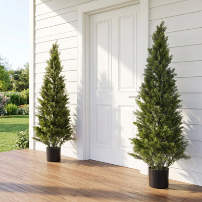 2Pcs Artificial Topiary Cedar Trees, 48 inch Faux Pine Shrubs Plants, Fake Silk Tree Look Real, Easy Assembly for Decor Front Porch Outdoor Patio Garden Balcony Backyard Indoor Office
