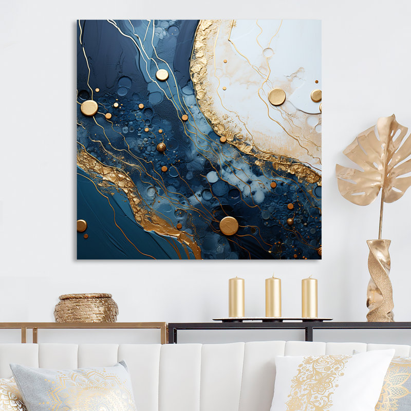 Art mural doré et bleu Geode Art I - encre liquide, H 16 po x l 16 po