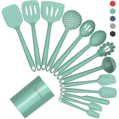Ensemble d'ustensiles de cuisine en silicone résistant à la chaleur, 14 pièces | Compatible lave-vaisselle, silicone alimentaire, sans BPA, spatules, cuillères et retourne-poêles, compatible avec les revêtements antiadhésifs, PureAquaGreen