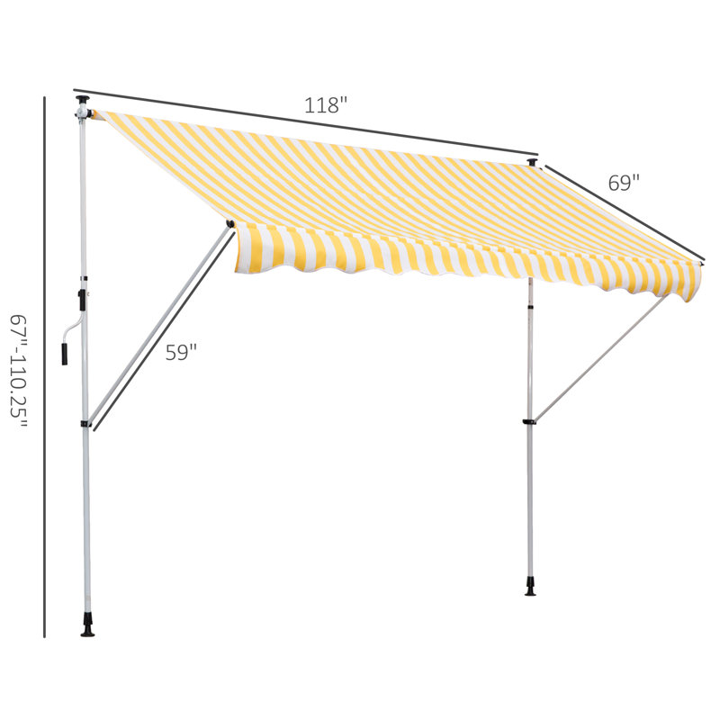 Auvent de terrasse rétractable manuel l 10 pi x P 5 pi en jaune / blanc