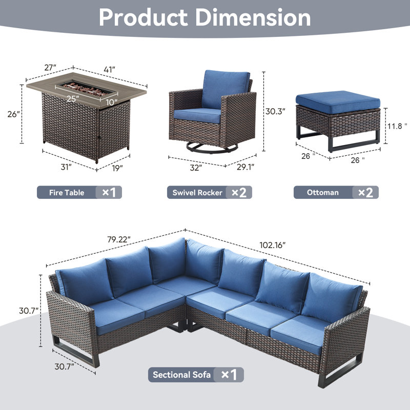 Ingvald 8- Person Outdoor PE Wicker Patio Conversation Set with Fire Pit, Ottomans and Cushions, Blue, Brown