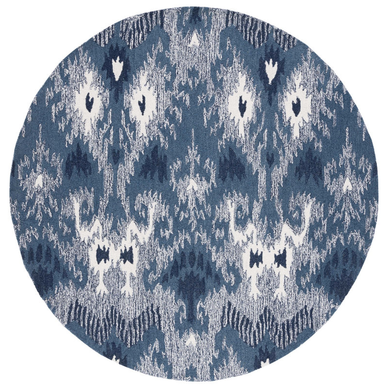 Tapis bleu / ivoire en laine / coton touffeté à la main Ikat, Rond 6 pi