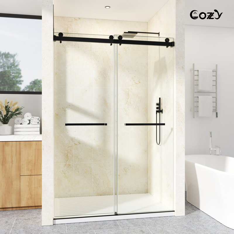 56-61" W x 76" H Frameless Double Sliding Shower Door, 3/8" (10mm) SGCC Clear Tempered Glass with R5 Beveled Edge, Shatter-Resistant Anti-Explosion Film, Easy-Clean Coating & Installation Hole Locator
