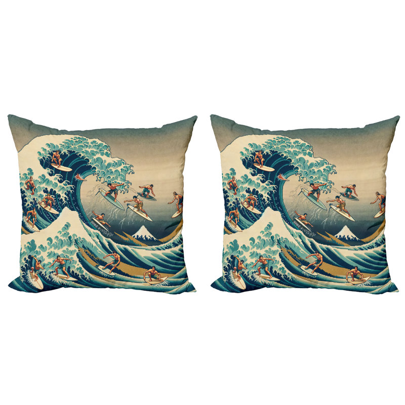 429985_Ambesonne, housse de coussin, vague japonaise, paquet de 2 surfers Ukiyo-e Ocean, H 16 po x l 16 po
