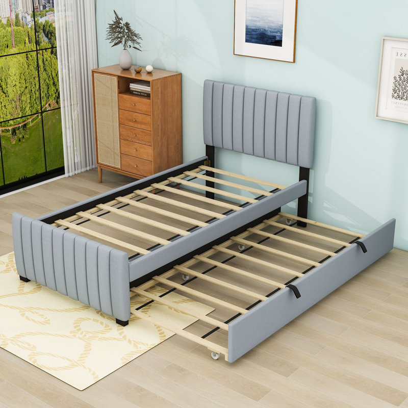 Twin Upholstered Platform Bed with Trundle, Gray