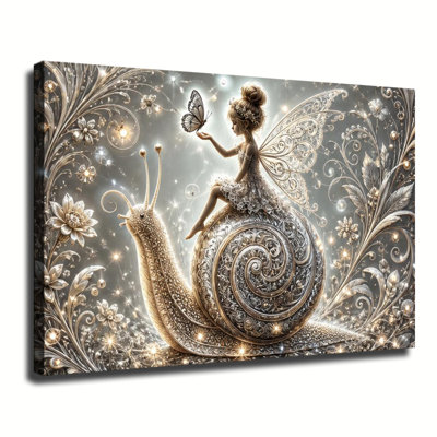 Douce fée chevauchant un escargot orné tenant un papillon, art floral sur toile, fantaisie, décoration murale de chambre d'enfant