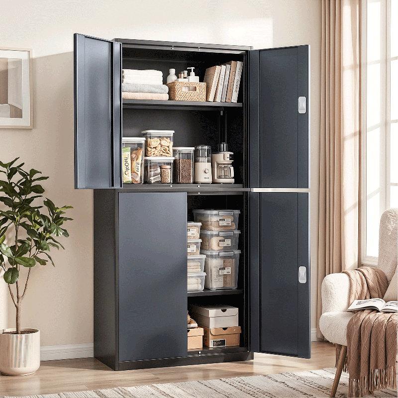 71" Metal Storage Cabinet, Garage Storage Organizer with Locking Doors and Adjustable Shelves for Workshop Office, Gray/Black