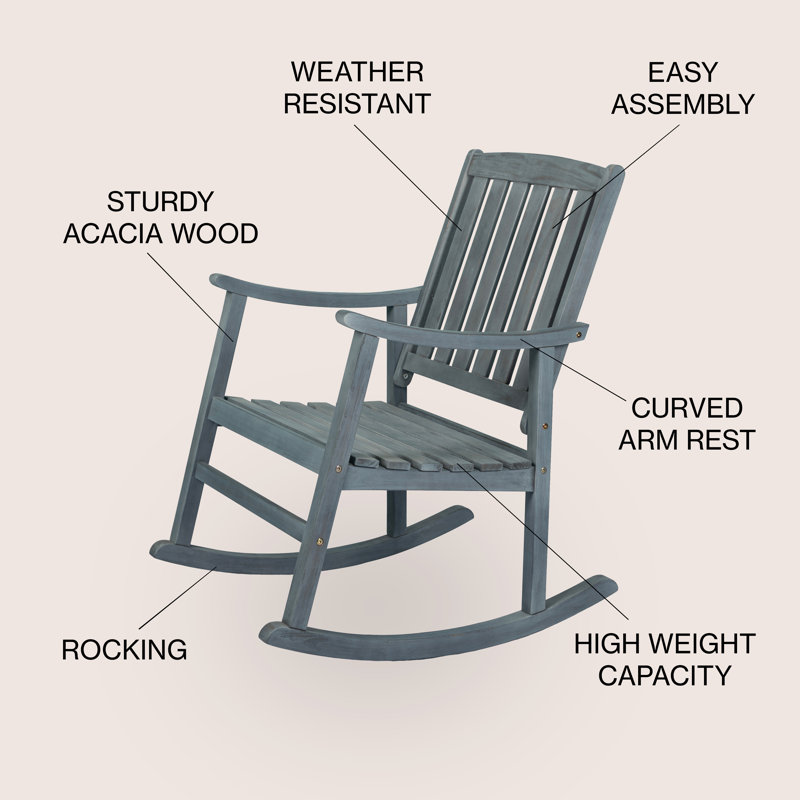 Penny Classic Solid Acacia Wood Outdoor Rocking Chair, Grey Finish Slatted Porch Rocker Armchair for Patio & Backyard, 300 lbs Capacity