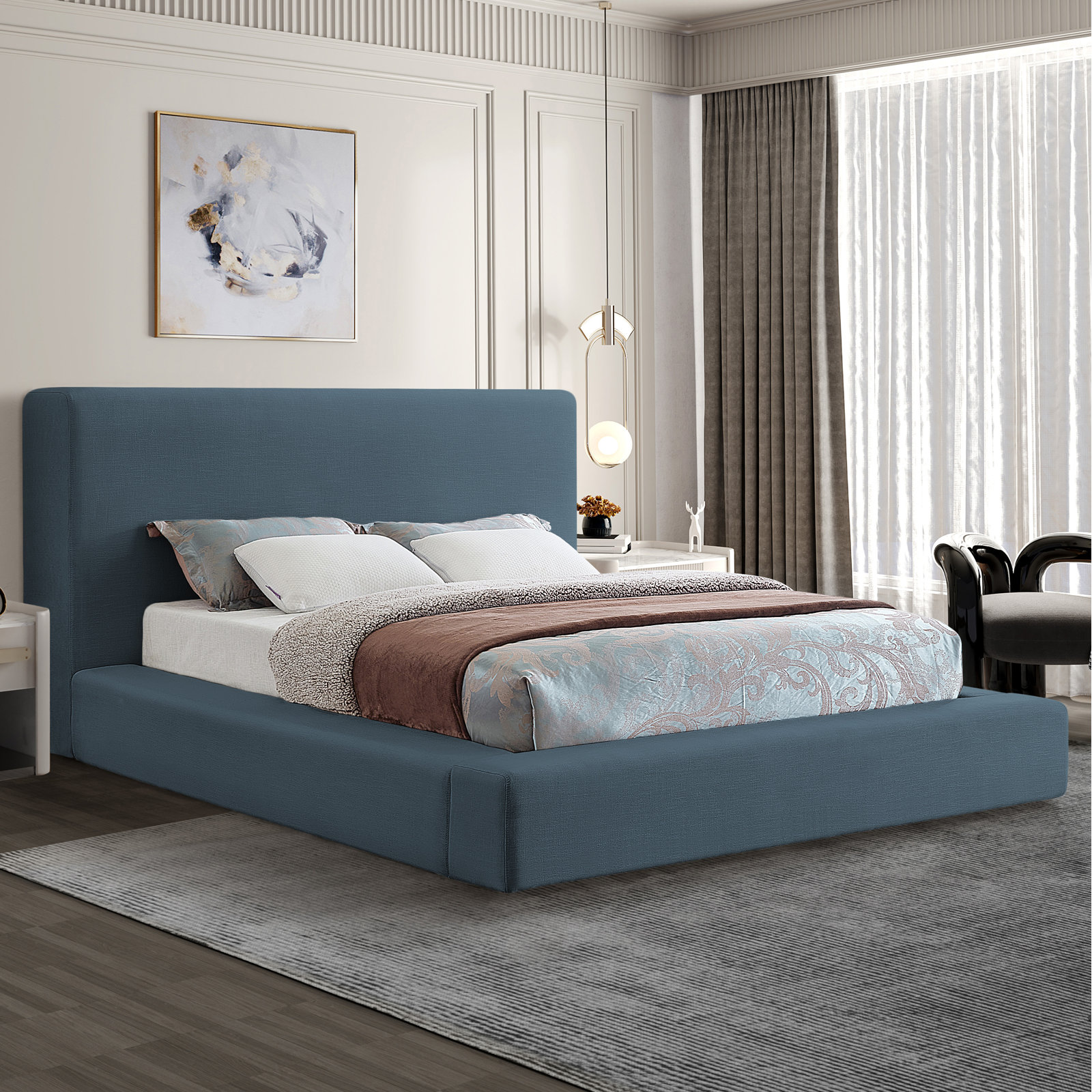 Ishia Velvet Upholstered Bed, King, Navy Linen
