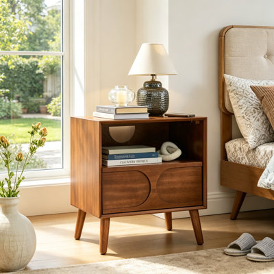 Mid Century Modern Nightstand with Fluted Hollow Door Panel, Built-in 2 AC Outlets & 2 USB Charging Ports, P2 Eco MDF Solid Wood Legs, 1 Drawer & Open Storage Shelf Easy Assembly