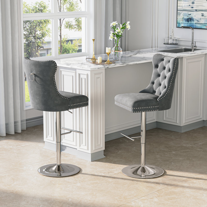 Modern Velvet Adjustable Swivel Counter Height Stools With Tufted Back Dining Chairs, Gray Seat/ Silver Frame