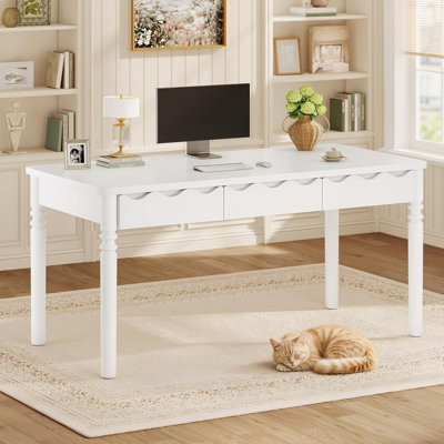 47 Inch Solid Wood Computer Desk with 3 Drawers, Real Pine Wood Home Office Writing Desk, Vintage Makeup Vanity Desk for Bedroom, French Wave Carved Executive Study Table, White