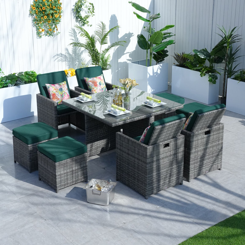 8 - Person Wicker Patio Dining Set with Square Table , Cushions Included, Gray, Atrovirens