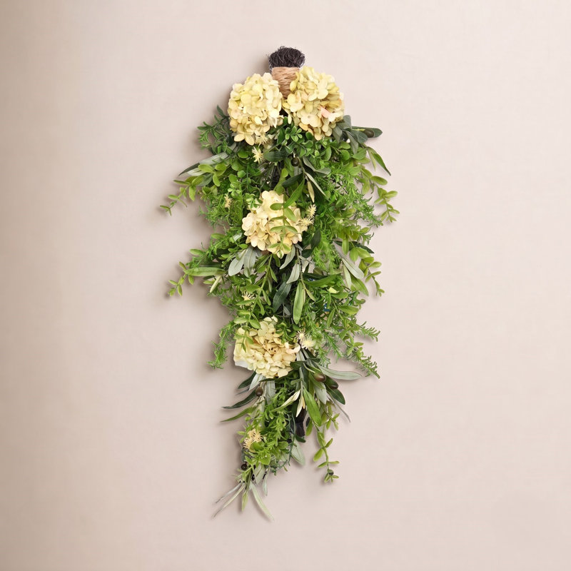 Ornement floral en forme de larme 24 po avec retentissement floral et feuilles en forme d'hortensia pour porte d'entrée 24 po