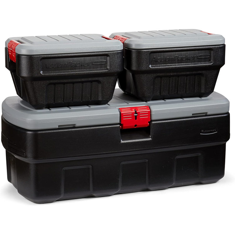 Rubbermaid Actionpacker Storage Bins, 48 & 8 Gallon, 3 Pack, Lockable
