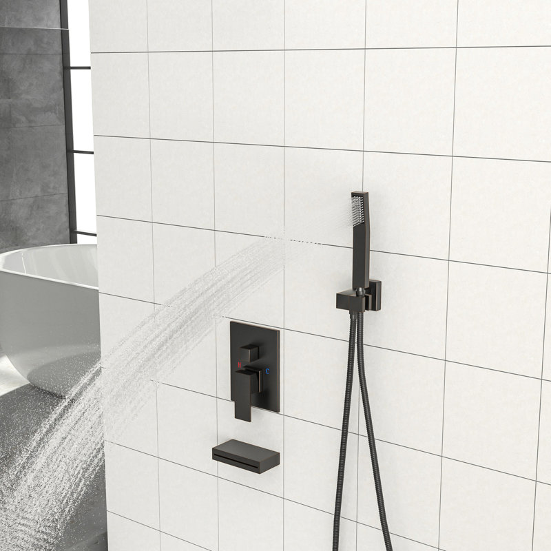 Douche murale avec bec de baignoire cascade - Pommeau de pluie carré de 30 cm, douchette à main, revêtement en bronze huilé, équilibré, robinetterie de 30 cm