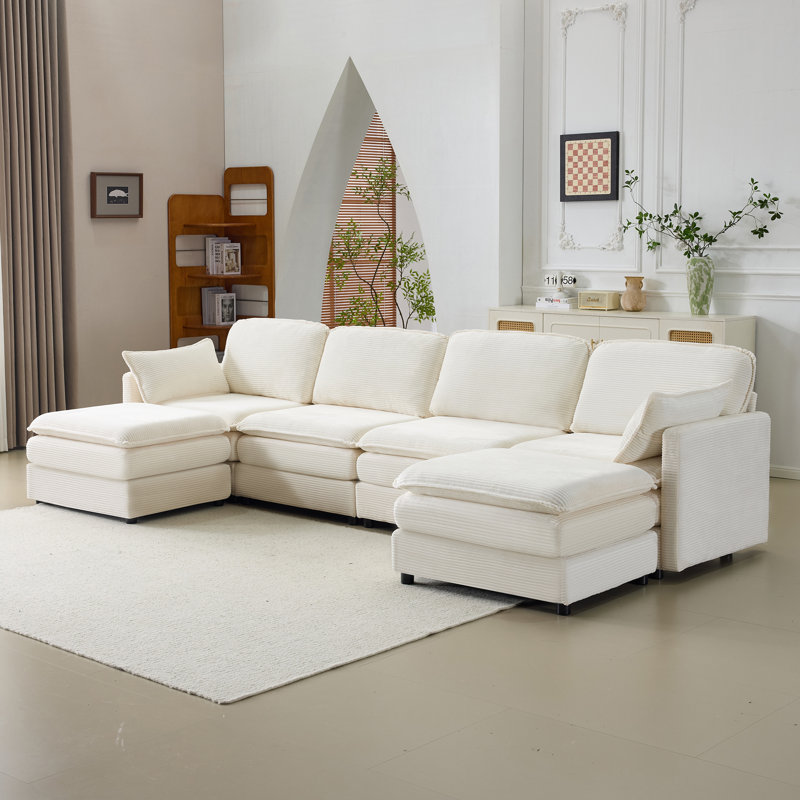 Plush Modular 4-Seater Cloud Sofa with 2 Footstools - Chenille Cushions & Throw Pillows, Space-Saving Sectional for Living Room & Apartments