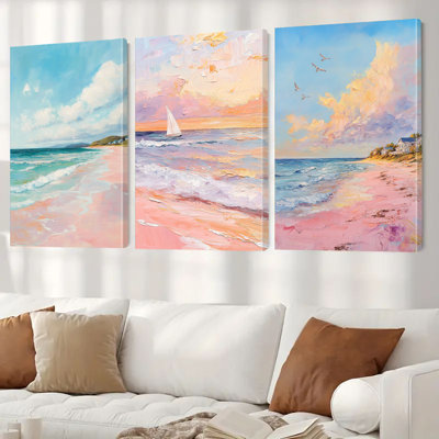 Pink Beach Canvas Painting 3-Piece Canvas Print for Fresh Living Room Home Decor