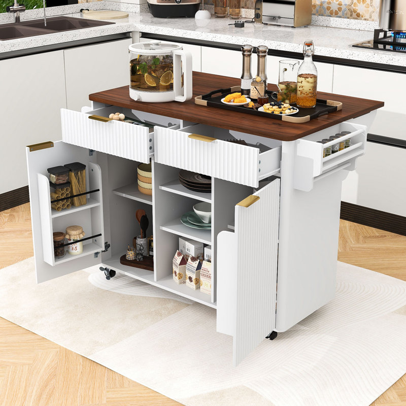 Fluted Kitchen Island Cart with Drop Leaf, Built-In Charging Station, Adjustable Shelves and Ample Storage, White