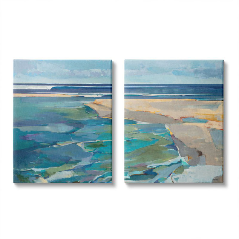 "Pastel Blue Seascape With Rocky Coast", ensemble de 2 reproductions d'art sur toile, H 20 po x l 16 po x 1,5 po