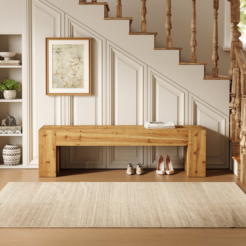 Banc à chaussures 63 po en bois massif rustique, banc de ferme pour entrée, Clair naturel