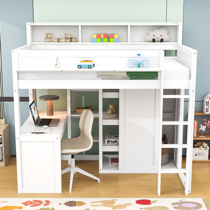 Lit mezzanine simple avec tablettes et garde-robe, Blanc