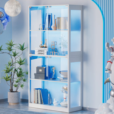 65" Display Cabinet With Glass Doors, 4 Tier Curio Cabinet With 12 Color Lights, Glass Display Cabinets For Collectibles, Toys And Books, High Display