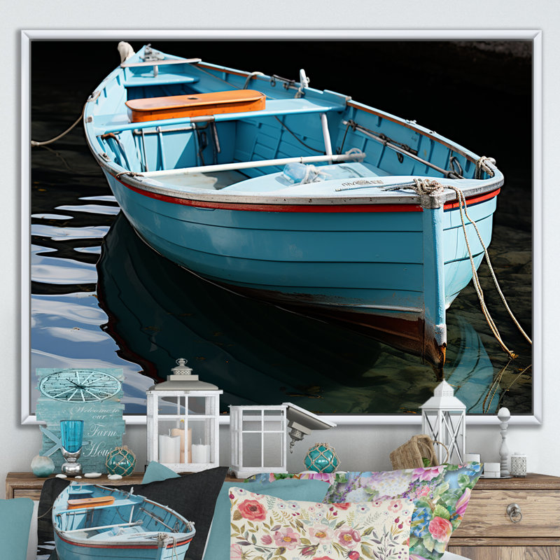 Bateau de pêche bleu et rouge - Bateau de pêche, art mural, Cadre flottant blanc, H 30 po x l 40 po x P 1,5 po