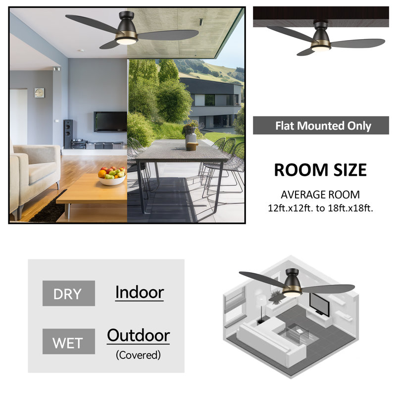 Ventilateur de plafond intelligent à courant continu de 52 pouces avec lumière, tige et télécommande