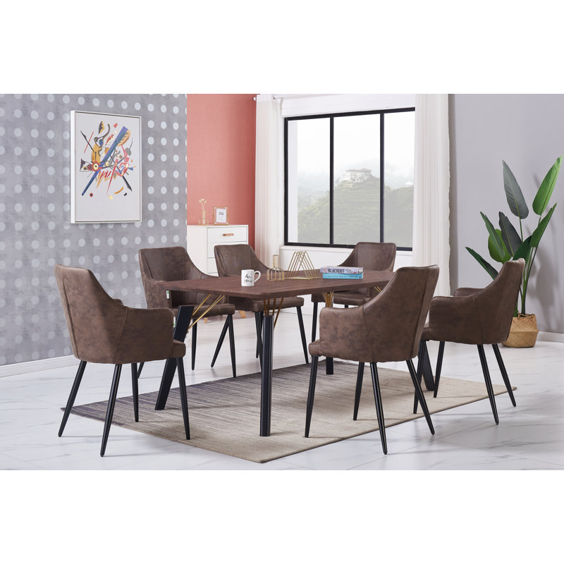 Eatonton 6 Person Dining set - a Rectangular Wooden Dining Table with Metal Legs and a Set of 6 Faux Leather Dining Chairs for Dining Room - Modern Dining Table Set