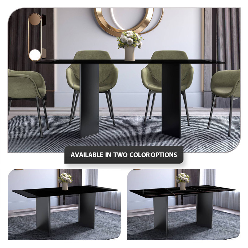 Rectangular Black Glass Dining Table with Stainless Steel Base