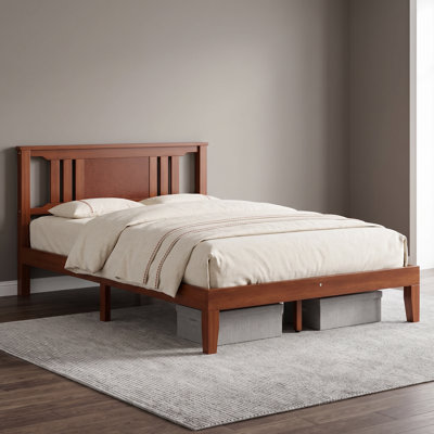 King Brown Pine Wood Platform Bed Frame with Inclined Headboard and Underbed Storage