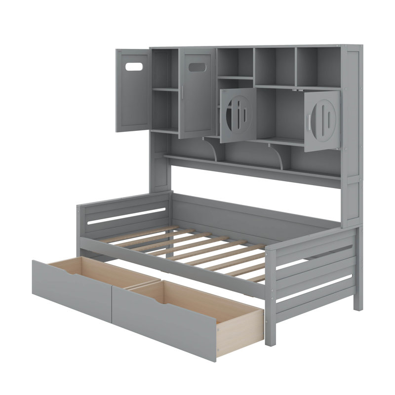Lit de jour en bois avec tiroirs, Gris, Simple
