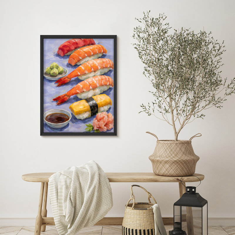 Sushis, impression d'art mural encadrée - Cuisine japonaise pour la salle à manger, Noir, H 16 po x l 12 po